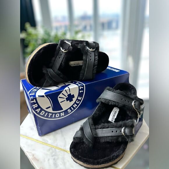 Birkenstock Mayari Shearling Oiled Leather Sandals Size 38 - Picture 3 of 16